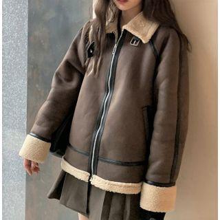 Faux Suede Fleece Panel Zip-up Jacket Coffee - One Size