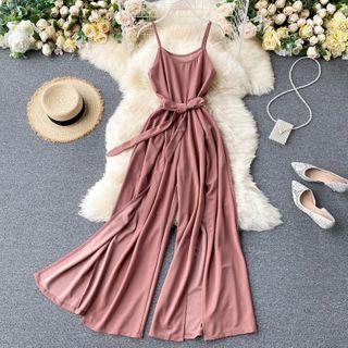 Plain Round-neck Sleeveless Split Jumpsuit