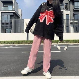 Bow Pattern Sweater / Wide-leg Corduroy Pants