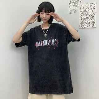 Short-sleeve Lettering Floral Washed Oversized T-shirt