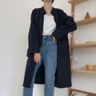 Open-front Trench Coat / Mock Turtleneck Striped Long-sleeve Top