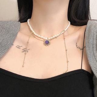 Faux Crystal Pendant Freshwater Pearl Choker