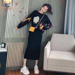 Set: Animal Embroidered Sweater + Midi Knit Skirt Black - One Size