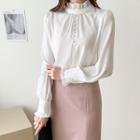 Frilled-neck Faux-pearl Blouse