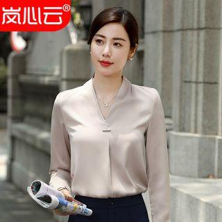 Plain V-neck Long-sleeve Blouse / Mini Pencil Skirt / Dress Pants / Set