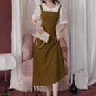 Set: Sleeveless Plain Midi A-line Dress + Short-sleeve Blouse