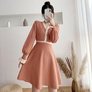 Long-sleeve Two Tone Mini A-line Knit Dress