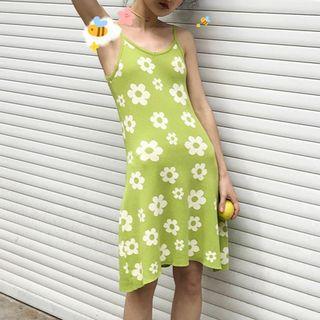 Flower Print Spaghetti Strap A-line Knit Dress