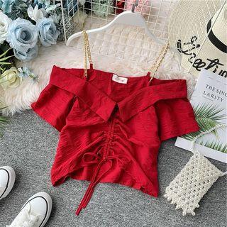 Chain Strap Drawstring Chiffon Blouse