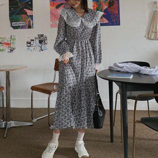 Lace-trim Collared Floral Print Maxi Dress Ivory - One Size