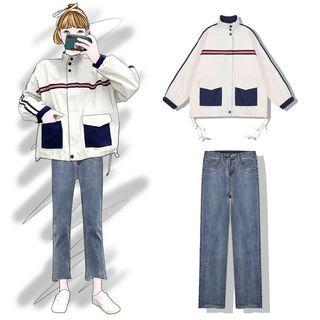 Color Block Zip Jacket / Straight-cut Jeans