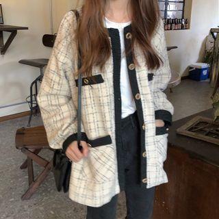 Plaid Contrast Trim Button Jacket As Shown In Figure - One Size