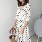 Dotted Elbow-sleeve Midi Chiffon Dress