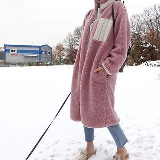 Color-block Brush-fleece Lined Long Jacket