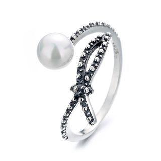 Sterling Silver Faux Pearl Ribbon Open Ring 407fj - Silver - One Size