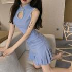 Mandarin Collar Sleeveless Mini A-line Godet Dress