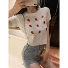 Strawberry-embroidered Crop Knit Top