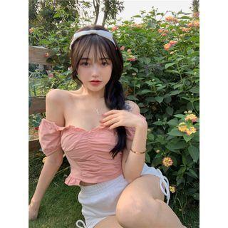Off-shoulder Shirred T-shirt / Drawstring Shorts Pink - One Size