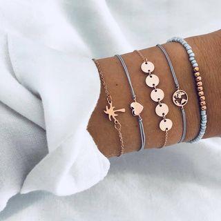 Set Of 5: Alloy Tree / Heart / Disc / World / Bead Bracelet 01 - 1907 - Kc Gold - One Size