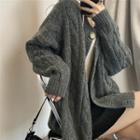 Long-sleeve Plain Cable-knit Cardigan Gray - One Size