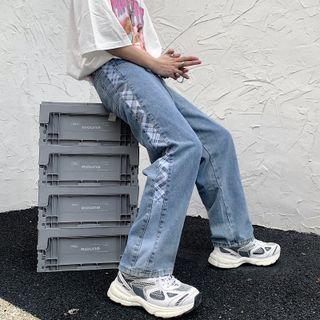 Plaid Panel Straight Cut Jeans
