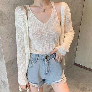 Set: Rib Knit Cardigan + Tank Top Cardigan - White - One Size / Tank Top - White - One Size