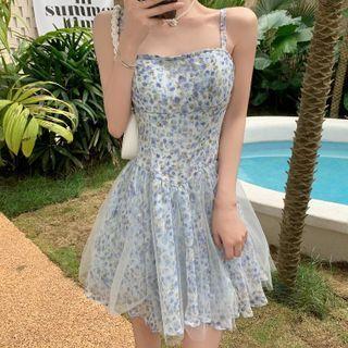 Spaghetti-strap Mesh Panel Floral Dress