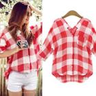 Gingham V-neck Elbow-sleeve Shirt