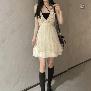 Cropped Halter Top / Dotted Mini Overall Dress / Set