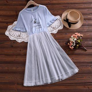Plaid Mesh Panel Midi A-line Dress
