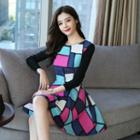 Knit-sleeve Geometric Print A-line Dress