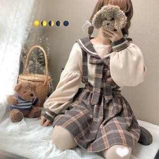 Sailor Collar Bow Sweatshirt / Plaid Mini A-line Suspender Skirt