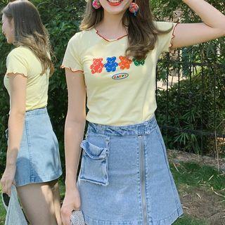 Lettuce Edge Short-sleeve Bear Print Cropped T-shirt