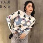 Christmas Print Loose-fit Sweater / Fringed Skirt