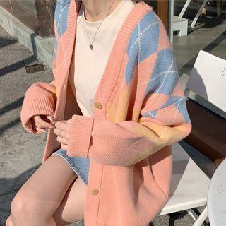 V-neck Argyle Boxy Cardigan Pink - One Size