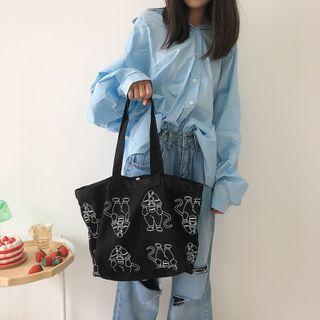 Cartoon Print Tote Bag Black - One Size
