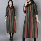 Long-sleeve Turtleneck Striped Midi Dress