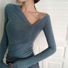 Long-sleeve Asymmetric Hem Knit Top As Shown In Figure - One Size