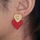 Heart Ear Stud 1296a - 1 Pair - Gold & Red - One Size