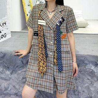 Short-sleeve Plaid Print Trim Mini Shirtdress