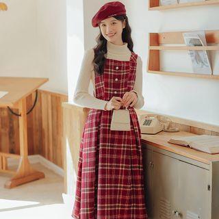 Plaid Midi Overall Dress / Knit Top / Set