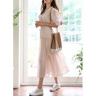 Puff-sleeve Tie-side Shirred Maxi Dress