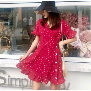 Short-sleeve Heart Print A-line Dress Rose Pink - One Size