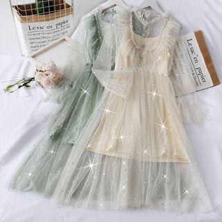 Ruffled-trim Mesh A-line Dress With Slipdress