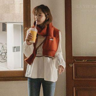 Round-neck Stripe-panel Blouse Beige - One Size