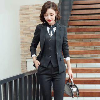 Pinstriped Blazer / Vest / Pencil Skirt / Dress Pants / Contrast Trim Blouse / Set