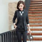 Pinstriped Blazer / Vest / Pencil Skirt / Dress Pants / Contrast Trim Blouse / Set