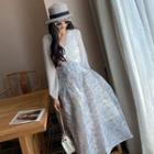 Floral Print Midi A-line Skirt Blue - M