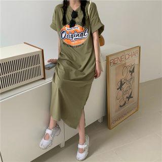 Short-sleeve Lettering Midi T-shirt Dress Bean Green - One Size