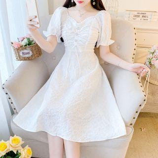 Puff-sleeve Plain Shirred A-line Dress